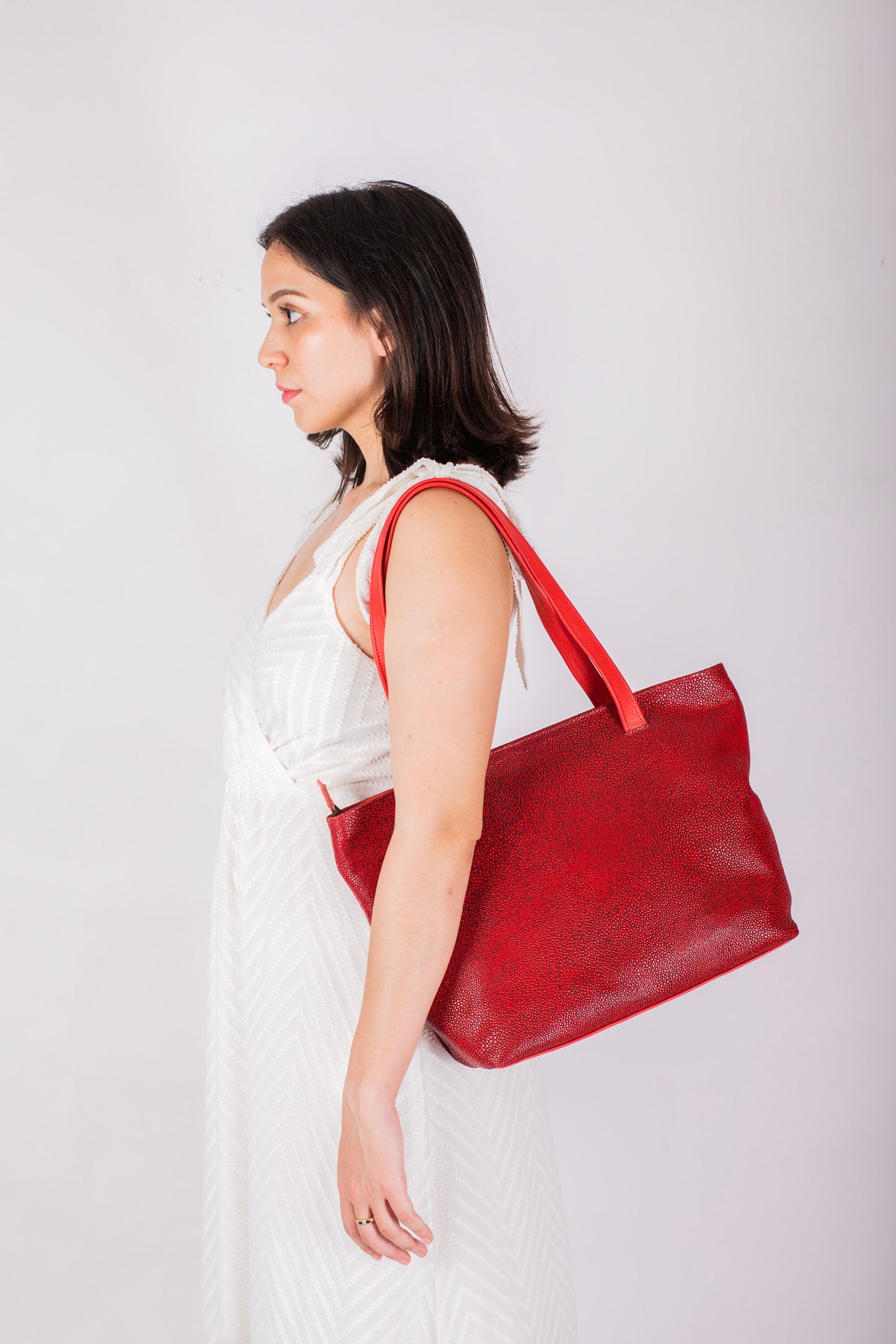 Textured Red Tote Bag in Full-Grain Leather