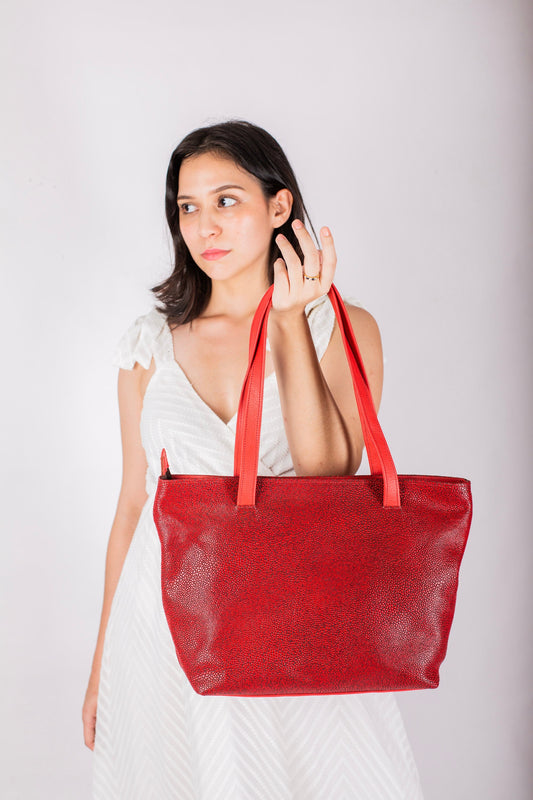 Textured Red Tote Bag in Full-Grain Leather