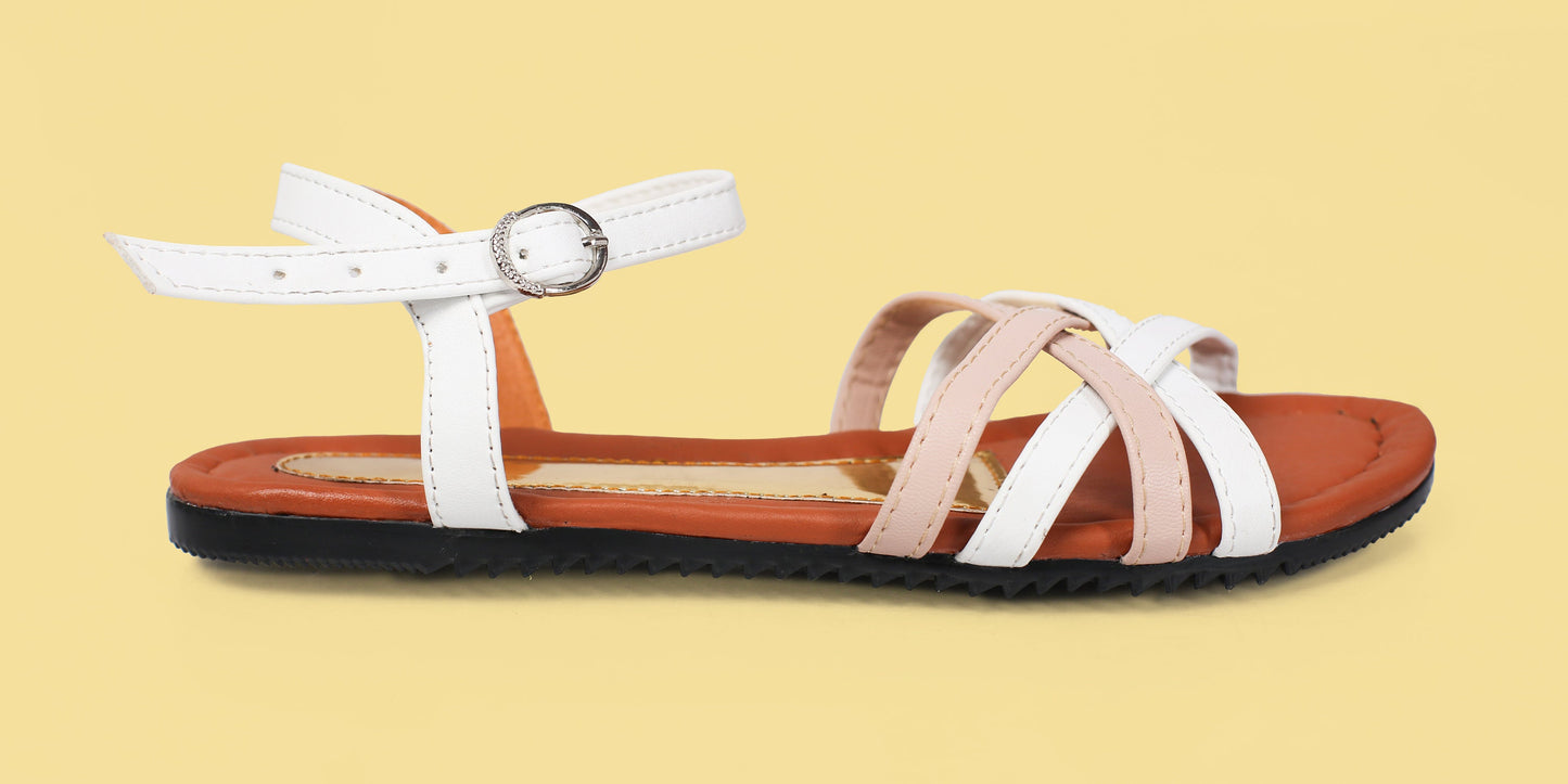 Beige and White Crisscross Leather Sandals