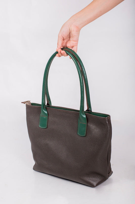 Tote Bag with Green Accents in Full-Grain Leather