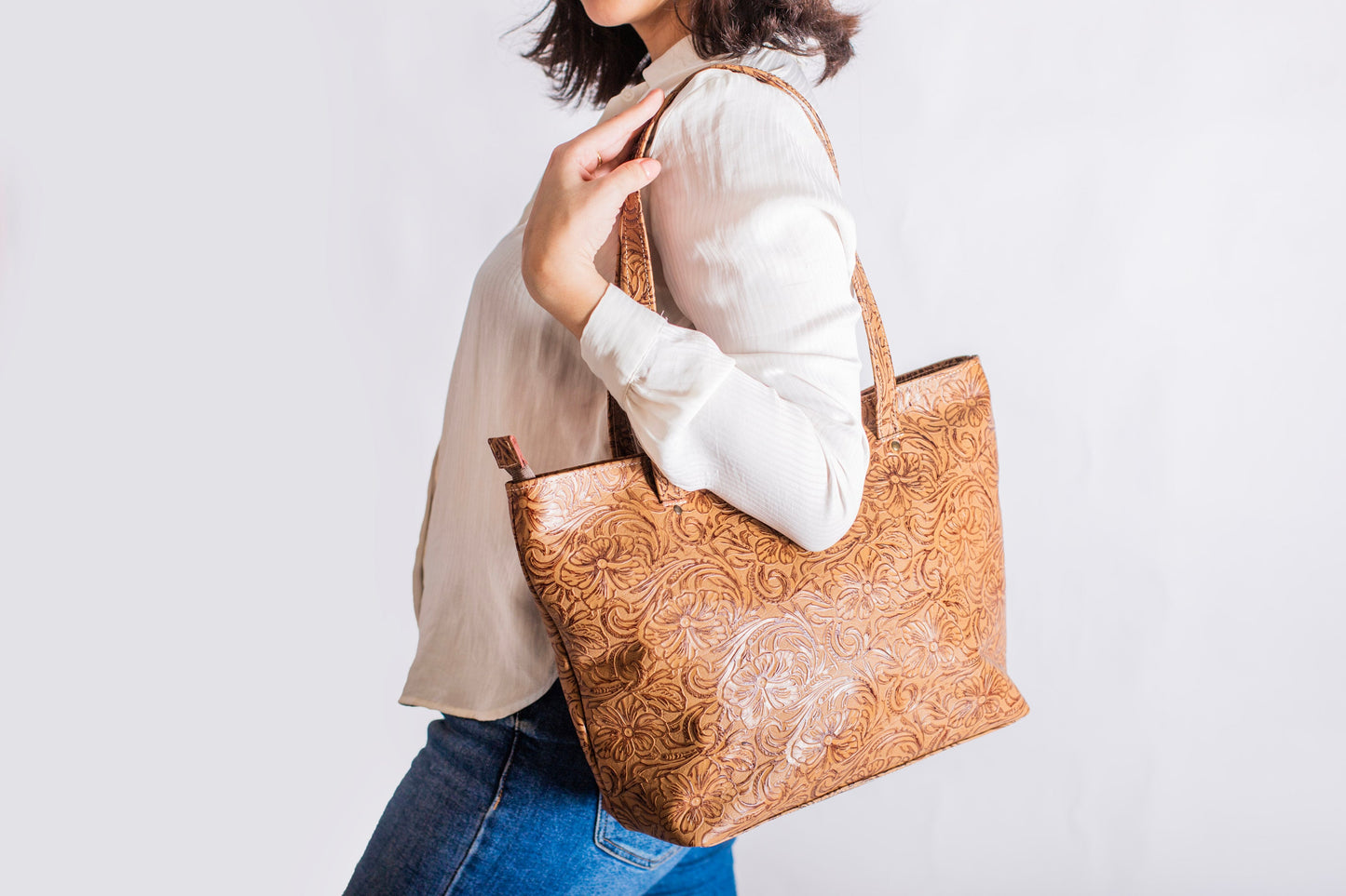 Floral Embossed Tote Bag in Full-Grain Leather