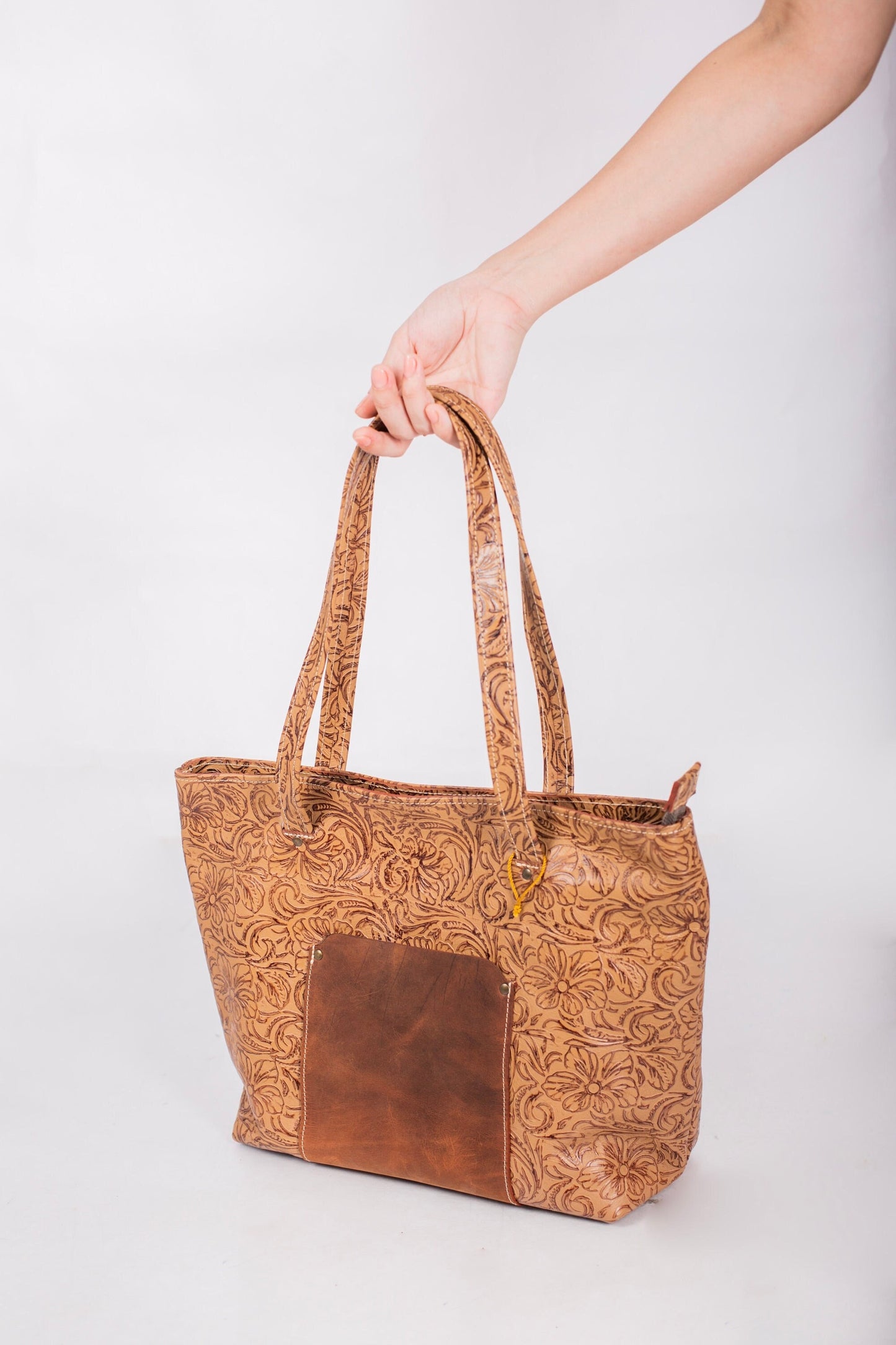 Floral Embossed Tote Bag in Full-Grain Leather