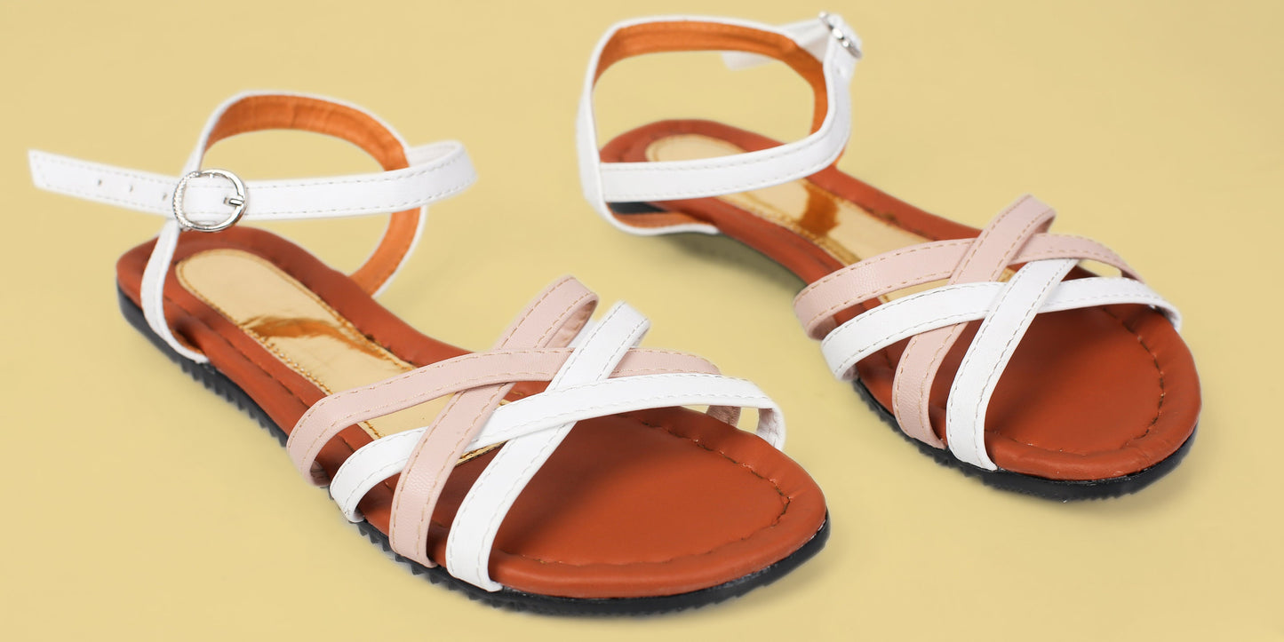 Beige and White Crisscross Leather Sandals