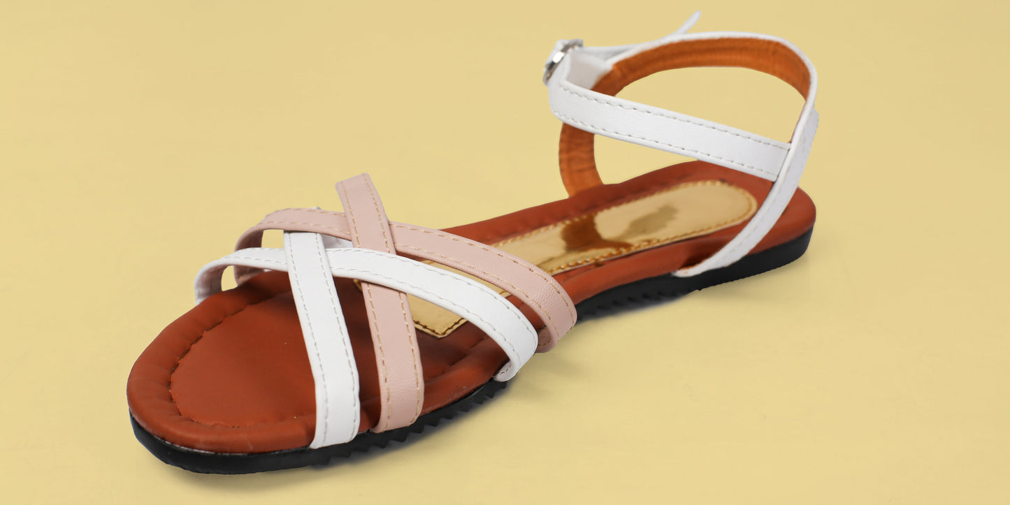 Beige and White Crisscross Leather Sandals